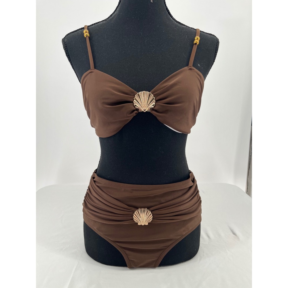 High Waisted Bikini Set Gold Seashell Hardware Ruched Swimsuit Women M Brown